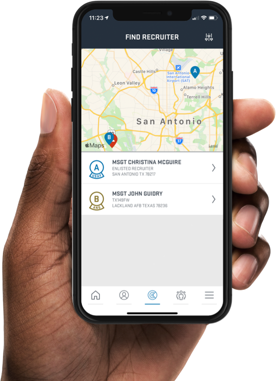 Hand holding a mobile phone showing Find Recruiter application
