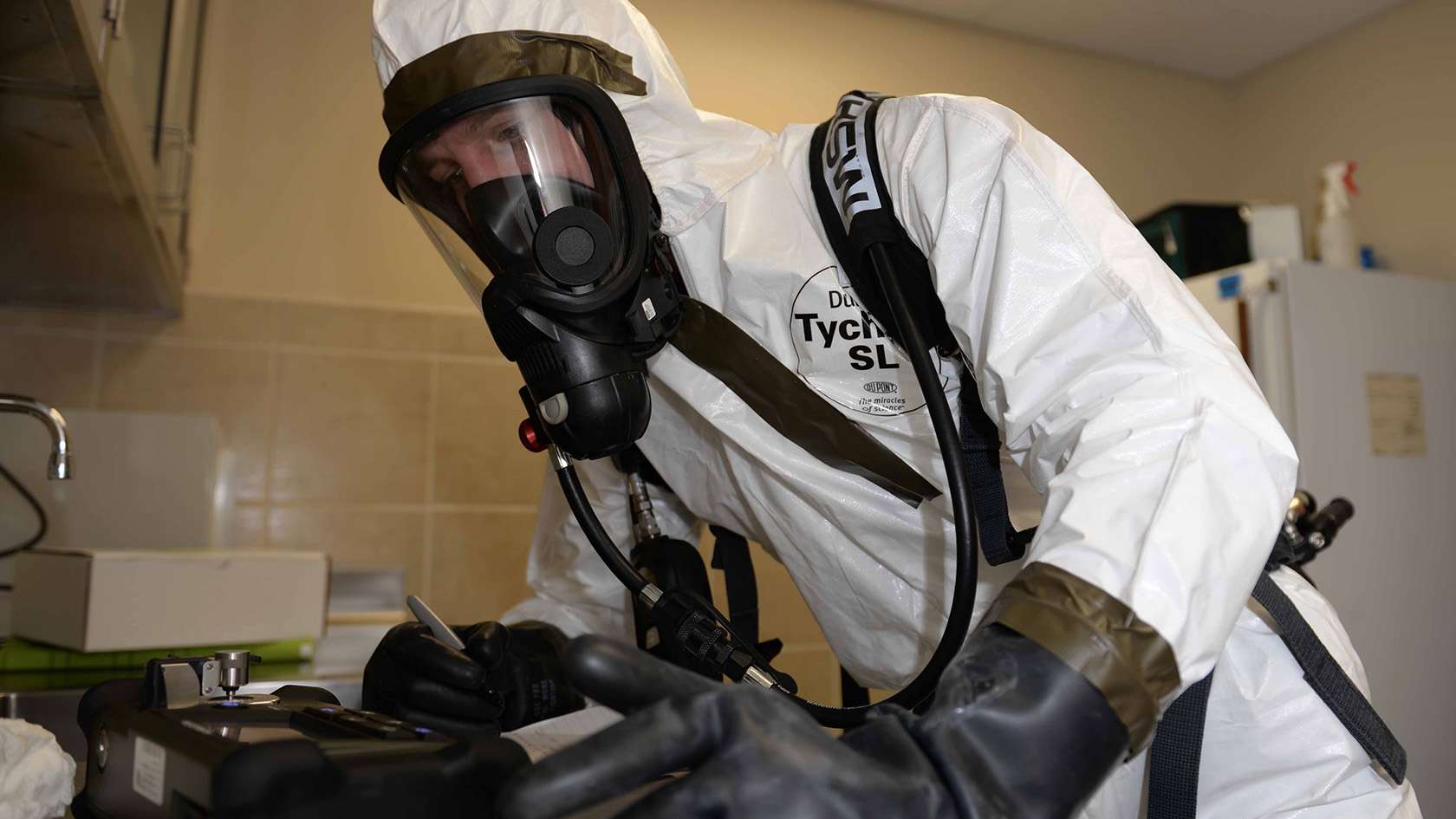 bioenvironmental engineer wearing a full-body protective gear