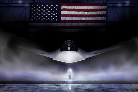 aircraft sitting in fog in front of the USA flag