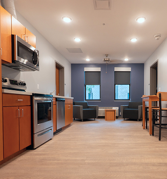 Dorm kitchen and living