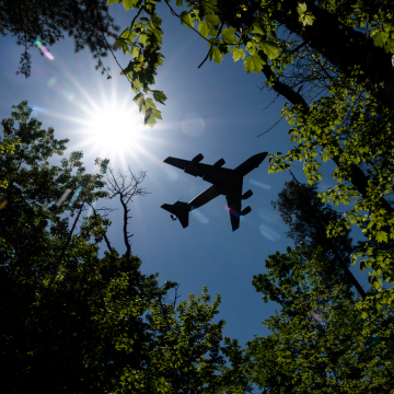 Air National Guard plane flying over trees