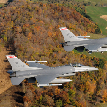 Fighter jets flying over fall foliage in Wisconsin